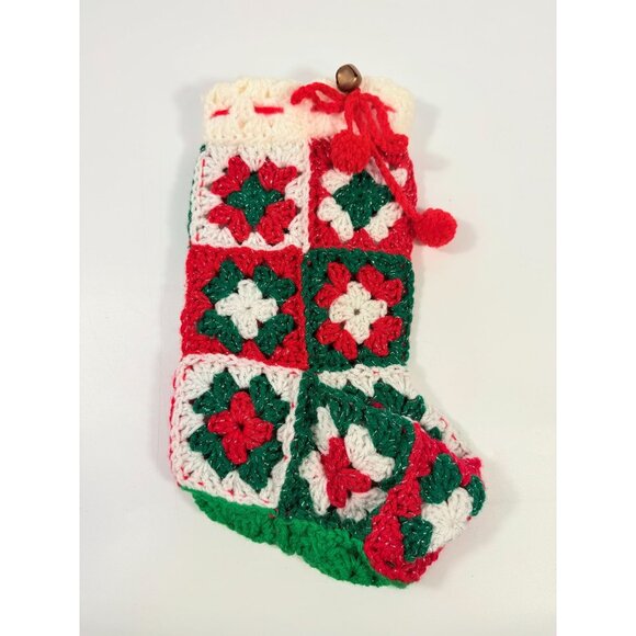 White Granny Square Christmas Stocking 13 Retro Handmade |Vintage Handmade - Picture 2 of 14